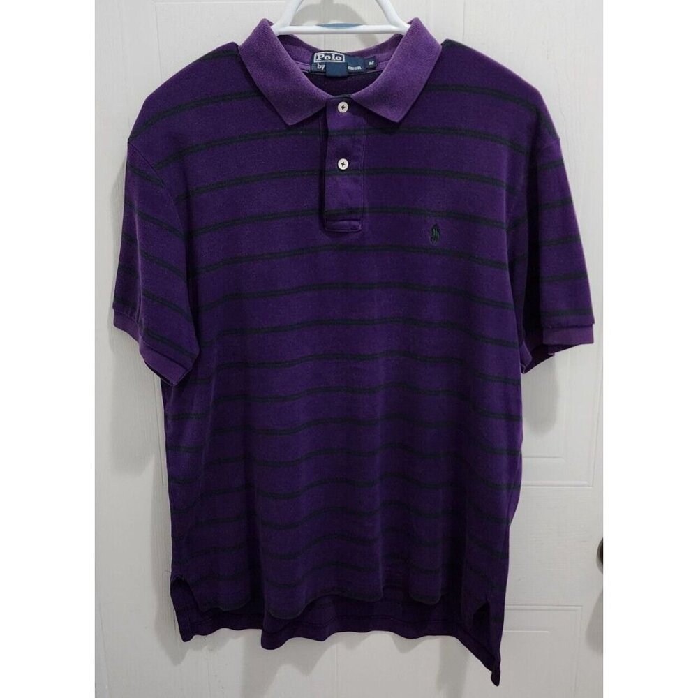 POLO Ralph Lauren Purple Striped Polo Shirt Size M 100% Cotton Green‎ Pony